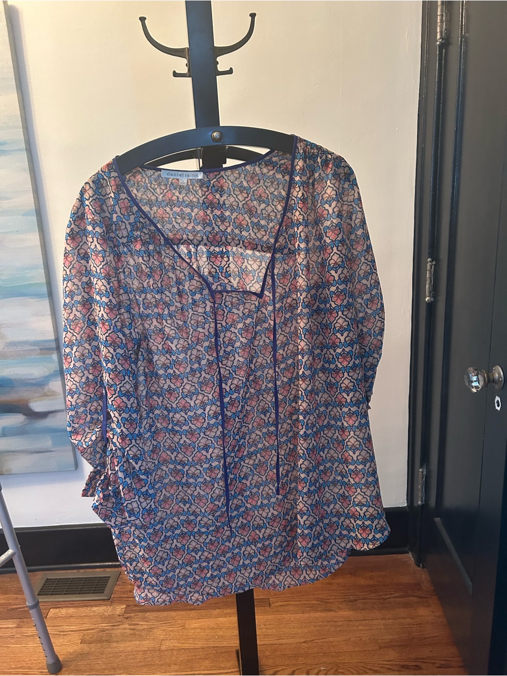 Daniel Rainn Navy And Pink Floral Sheer Blouse
